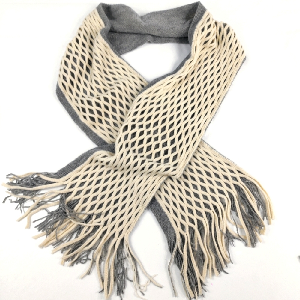 Fringed Fishnet Double Layered Scarf Grey 60"